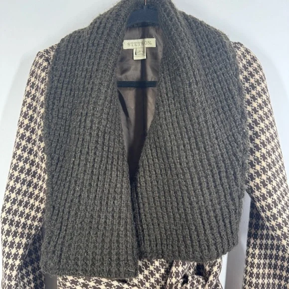 Vintage Stetson Brown Houndstooth Wool Blend Knit Collar Belted Coat Size S - Picture 3 of 14